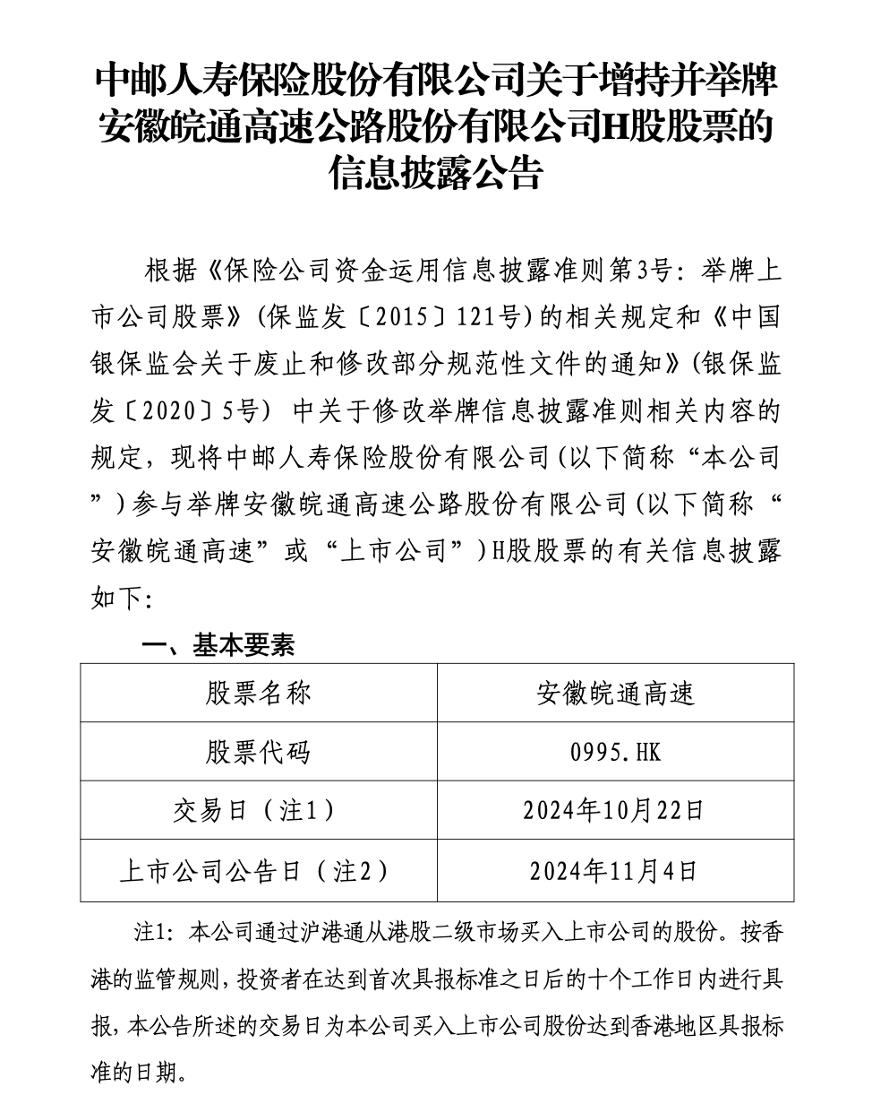 又有险资举牌！中邮保险增持安徽皖通高速H股触发举牌_又有险资举牌！中邮保险增持安徽皖通高速H股触发举牌_