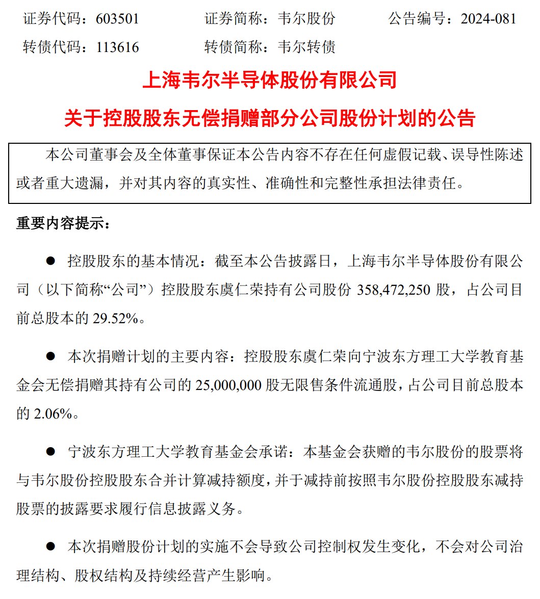 韦尔股份控股股东虞仁荣捐赠 2500 万股办学，市值约 28 亿元