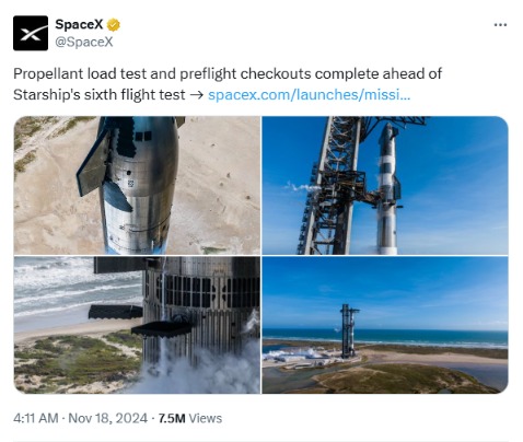 马斯克旗下 SpaceX 星舰第六次飞行测试整装待发，因天气原因推迟一天