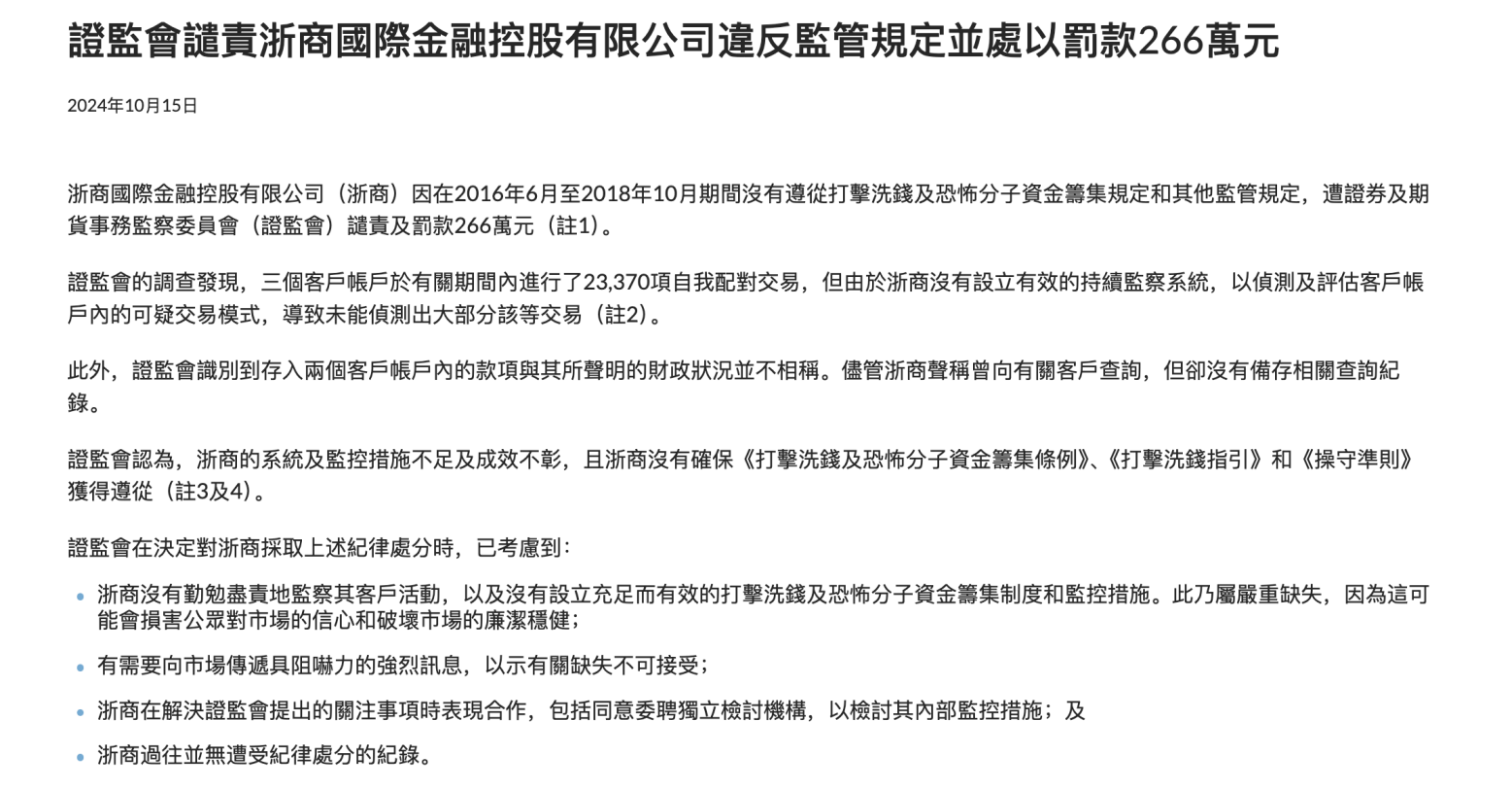 香港证监会对中资券商在港机构下发年内首个罚单，浙商国际金融遭谴责及罚款