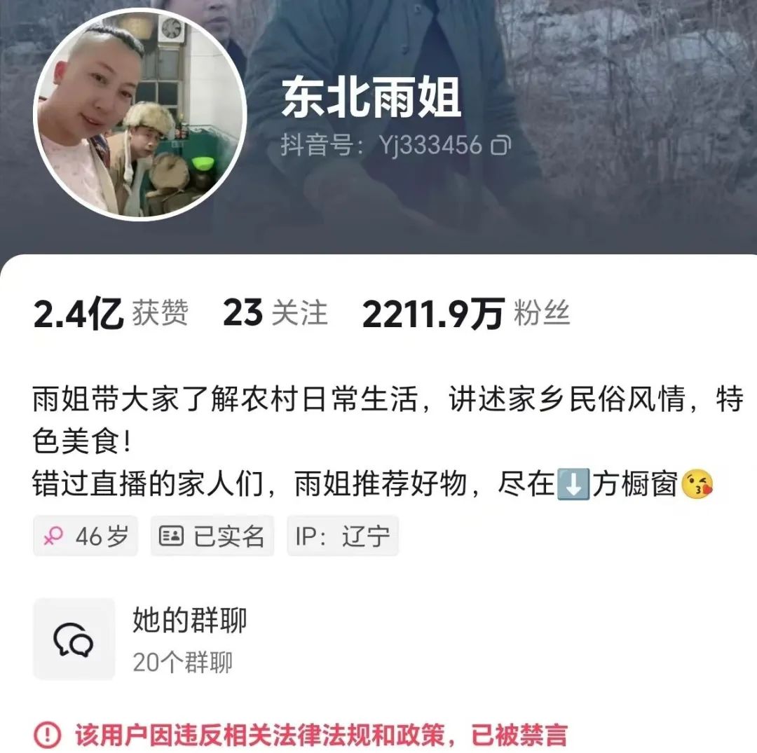 东北雨姐抖音账号被禁言，粉丝超 2000 万，曾因红薯粉条事件被罚 165 万