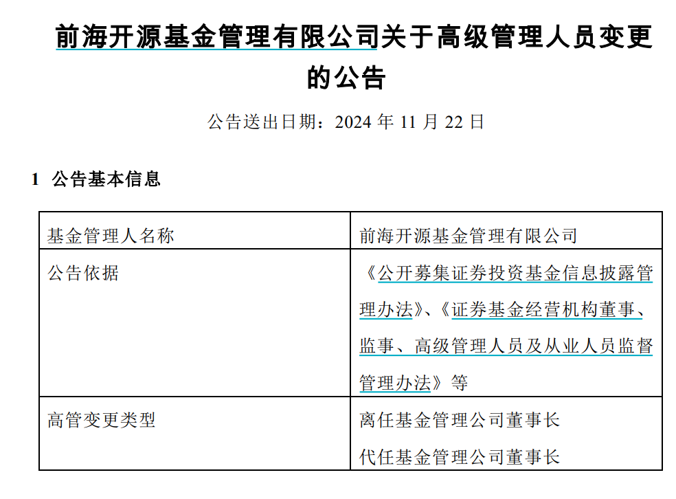 前海开源基金李强因个人原因辞任董事长，秦亚峰暂代职务