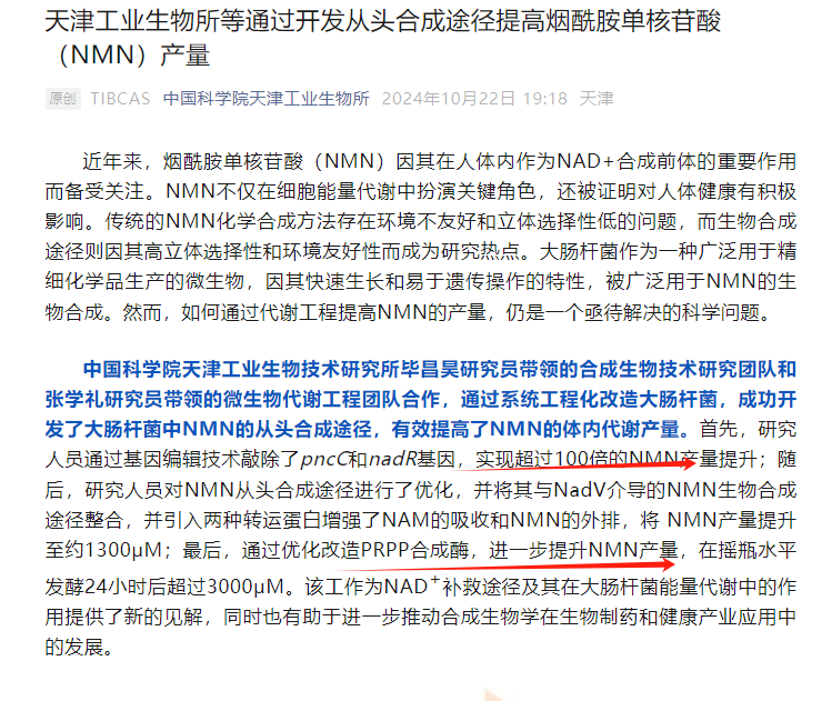 生物法合成 NMN 新突破：产量提升超 100 倍，技术优化再升级