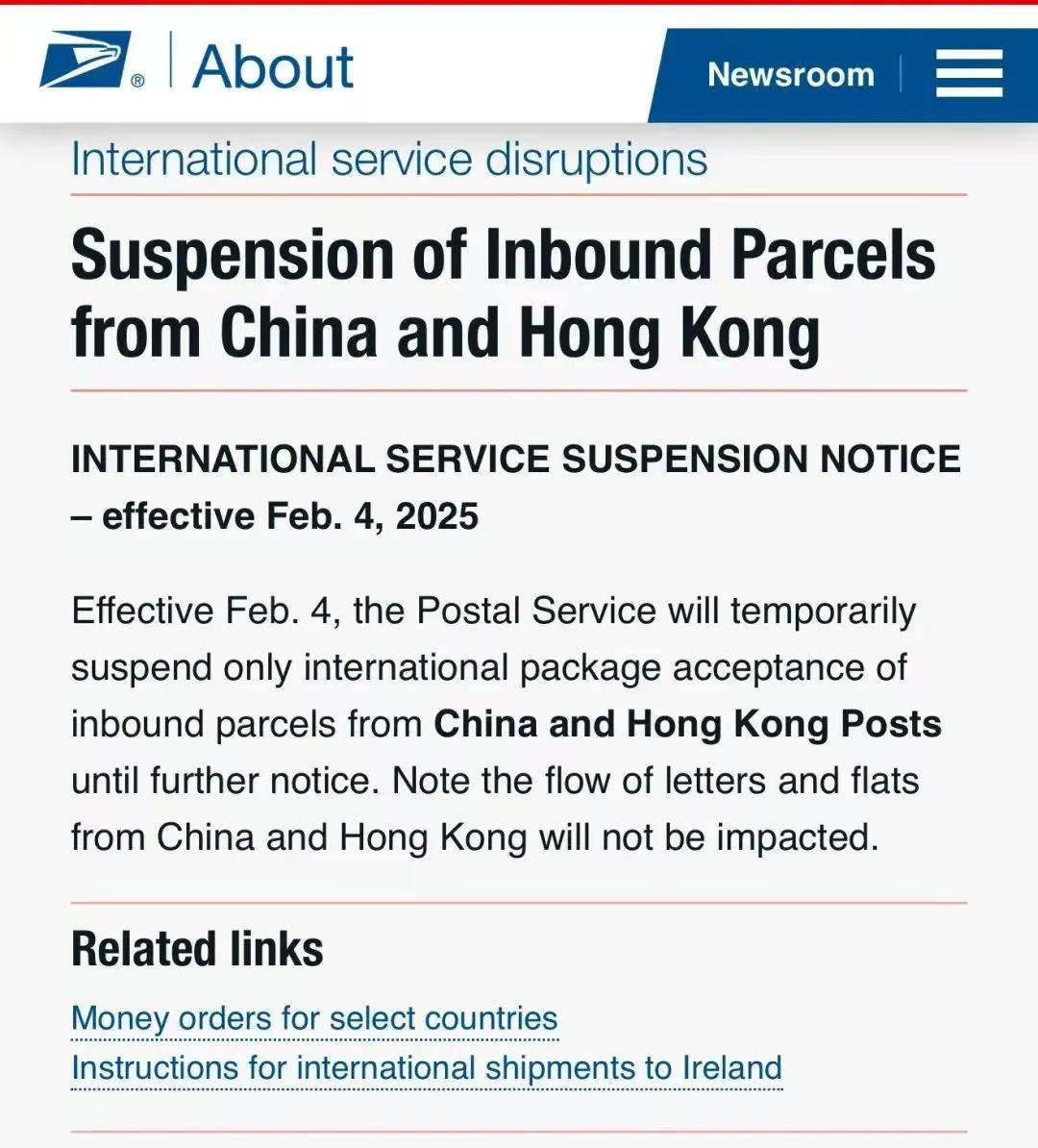 美国邮政2月4日起停收中国内地和香港包裹，多数为象征举措