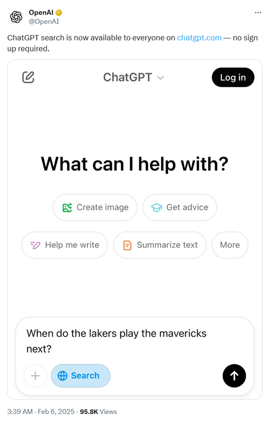 今天凌晨3点OpenAI向所有用户免注册开放ChatGPT搜索功能，优势显著或冲击谷歌