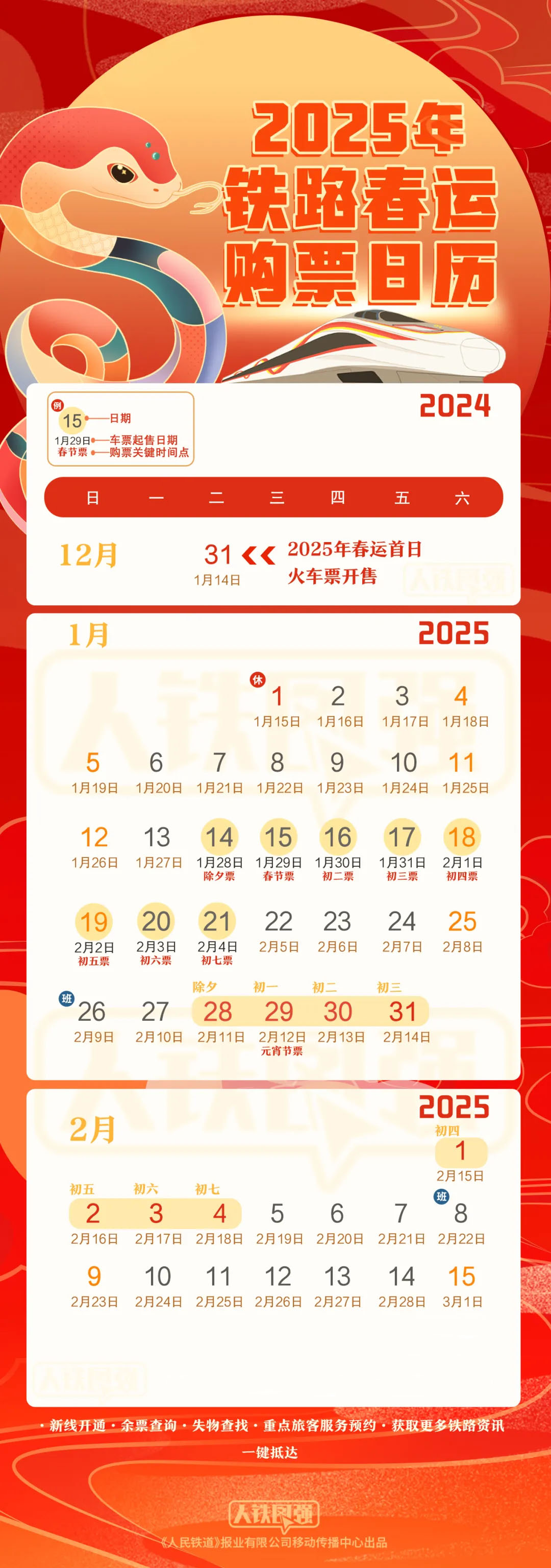 2025年除夕火车票1月14日开售，春运高峰预计发送旅客5.1亿人次