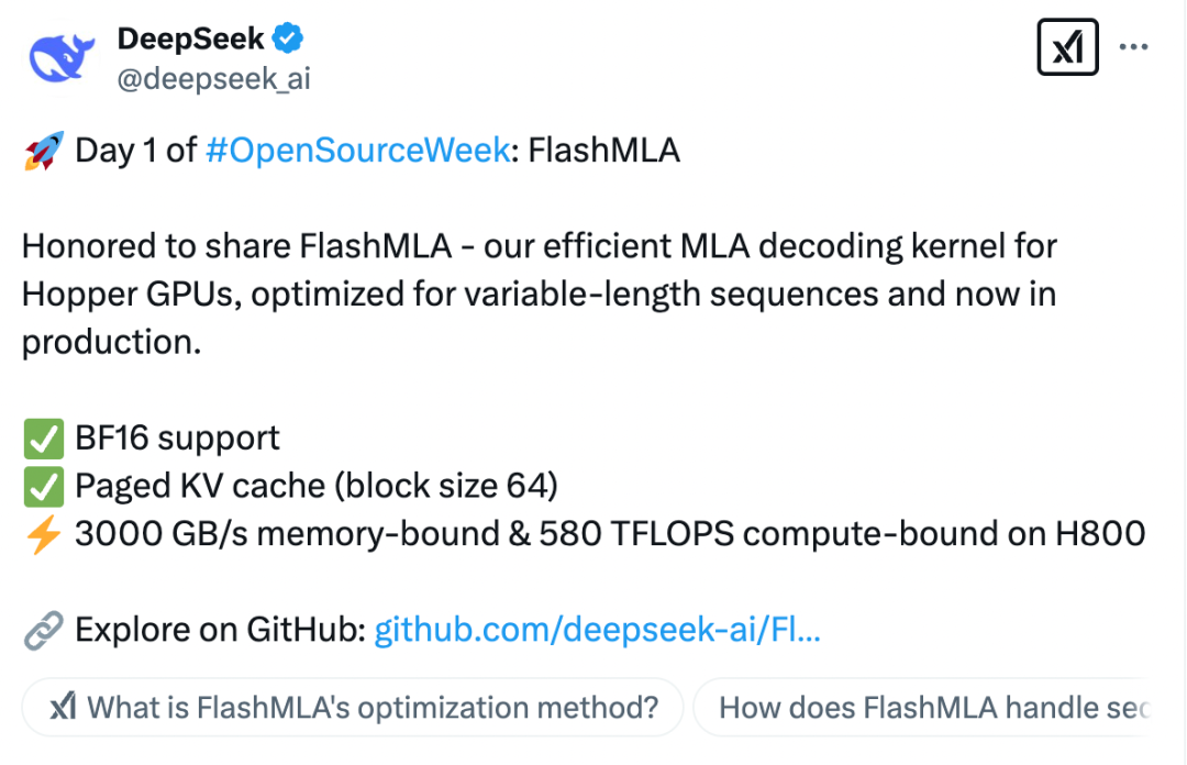 DeepSeek开源周首日发布FlashMLA代码库，Hopper GPU优化MLA解码内核震撼登场
