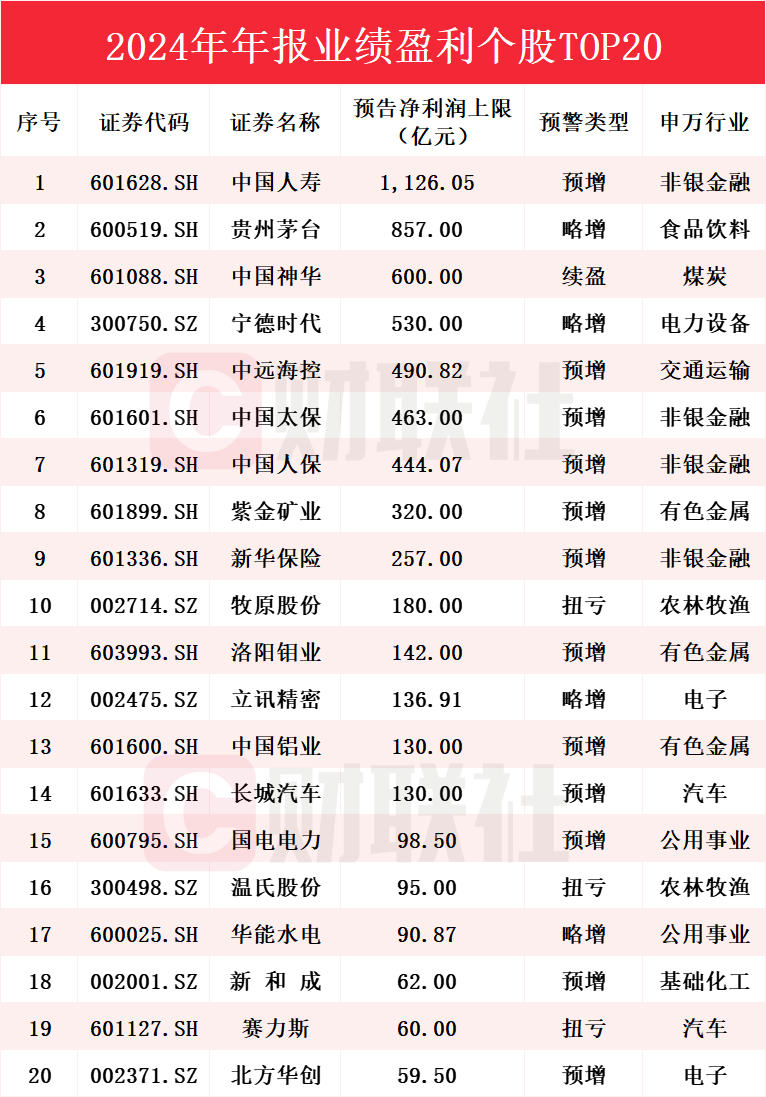 2810家A股上市公司2024年业绩预告披露毕，超百亿净利润企业名单及中国人寿居首情况